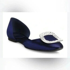 Authentic Roger Vivier statement blue satin Dorsay flat pointed toe sandal 35.5